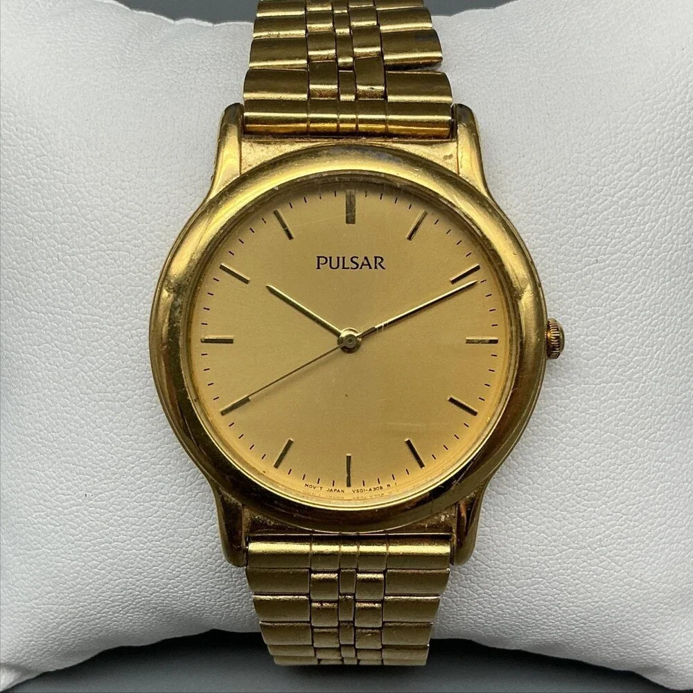 Vintage Pulsar Mens Watch 34mm Gold Tone Round V501-X080 New Battery 7.5